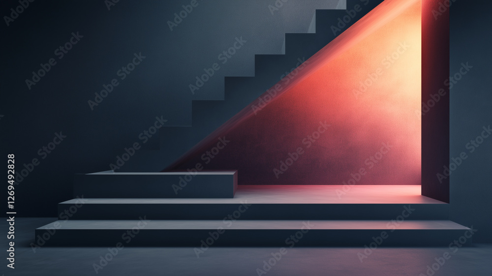 Obraz premium modern staircase with dramatic light effect, showcasing geometric shapes and shadows. contrast between dark and vibrant colors creates striking visual impact