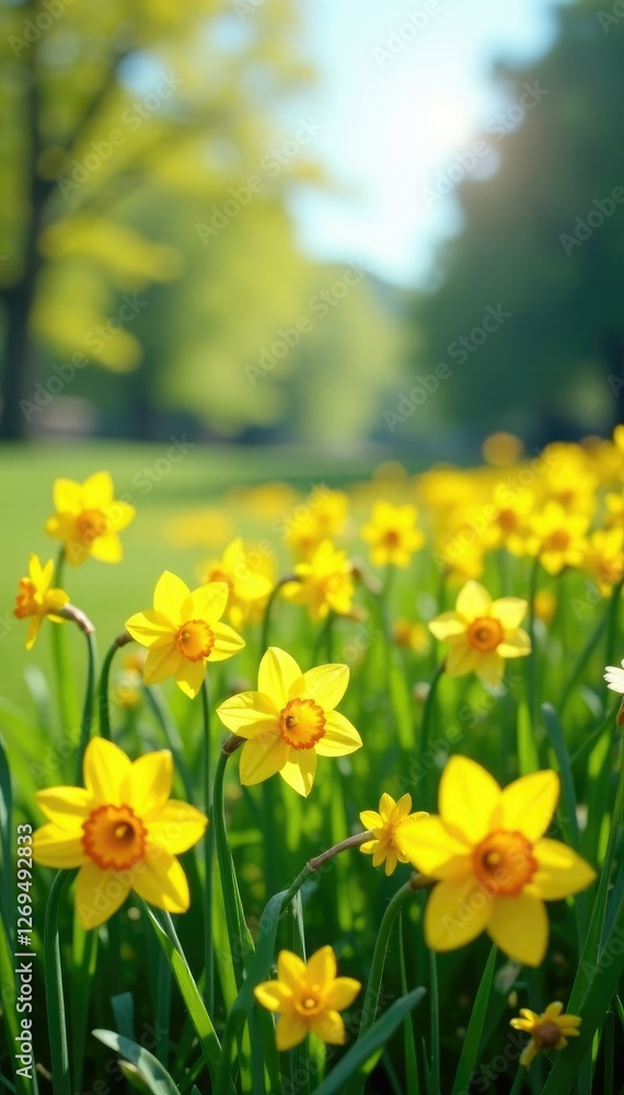 Obraz premium Sunny meadow with blooming daffodils and narcissus flowers, wildflowers, field, sunny