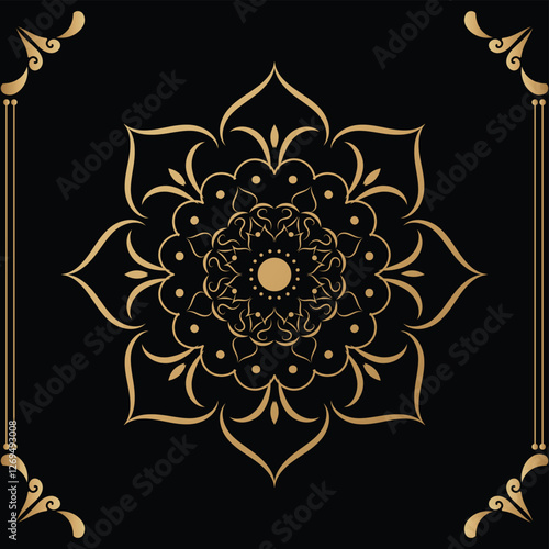 Luxury mandala design black background in gold color