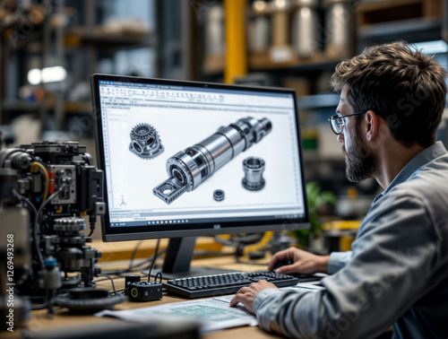 mechanical engineer designing complex machine parts on software.