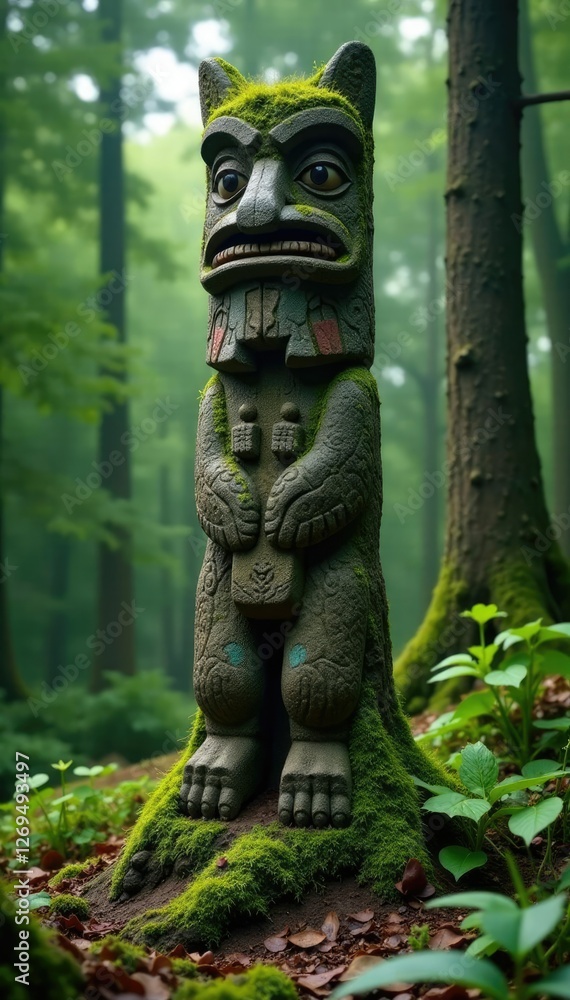 Tallest totem pole with moss and lichen growing around it, peaceful, nature