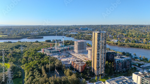 Photography Aerial drone view above western Sydney of Rhodes and Wentworth point with views