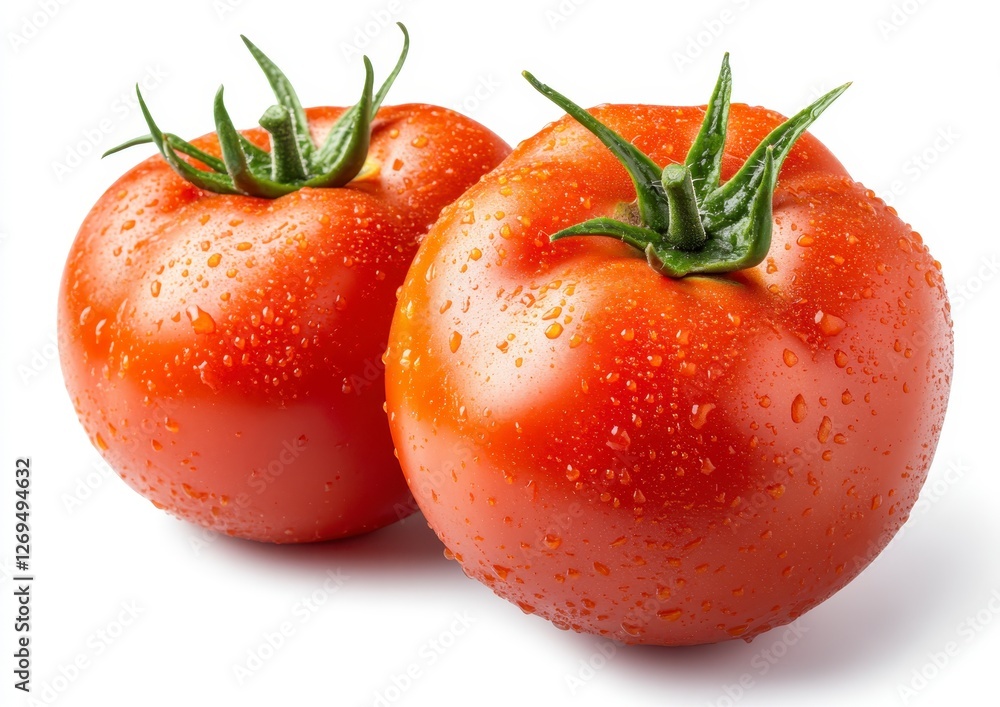 Two ripe red tomatoes with water droplets, on a white background. Fresh, juicy, and ready to eat. High quality studio shot Two ripe red tomatoes with water droplets, on a white background. Fresh, juicy, and ready to eat. High quality studio shot