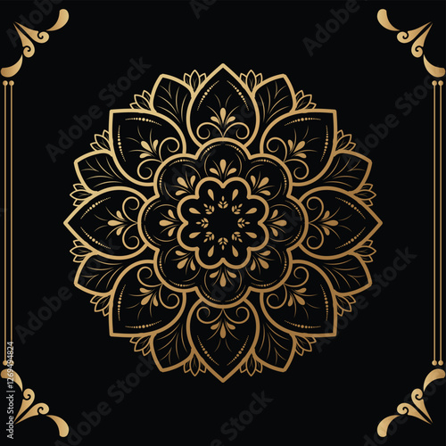 Luxury mandala design black background in gold color