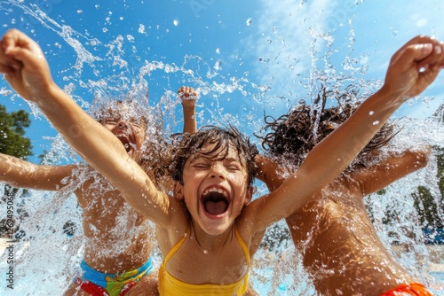 Capture the joy of family jumping into a swimming pool, creating fun-filled weekend memories that last a lifetime Witness the exhilarating water splashes as children and adults alike plunge into