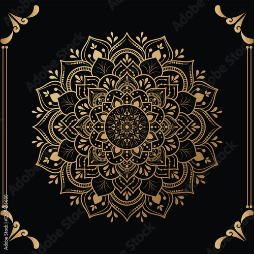 Luxury mandala design black background in gold color