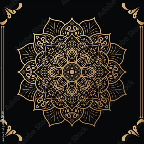 Luxury mandala design black background in gold color