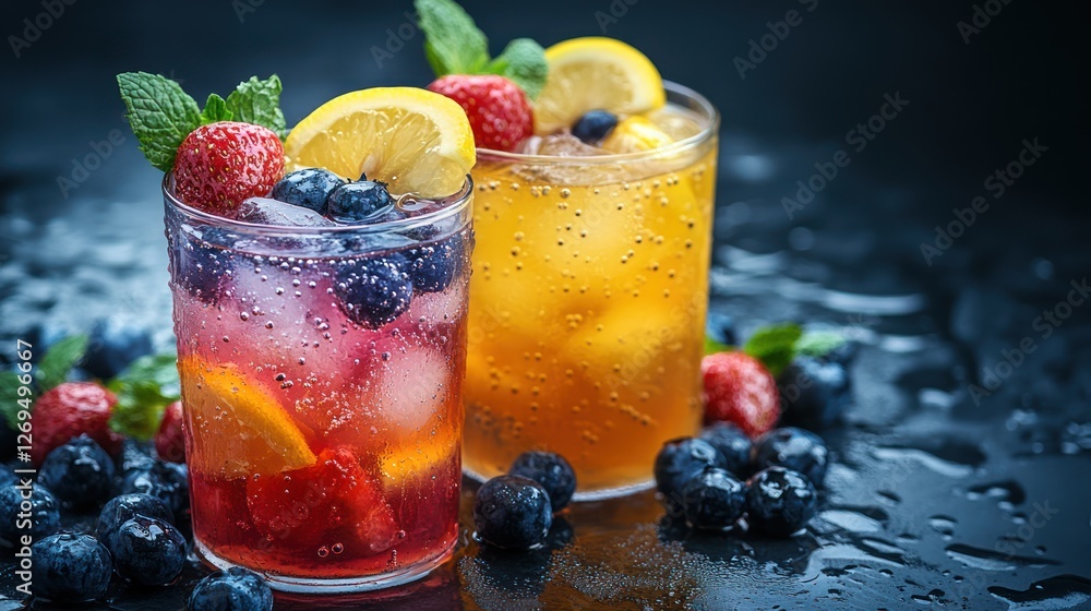Refreshing rainbow lemonade with crushed ice and fruit garnish
