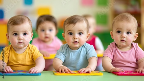 Four adorable babies sitting at a table, each with colorful toys, in a vibrant and cheerful classroom environment.