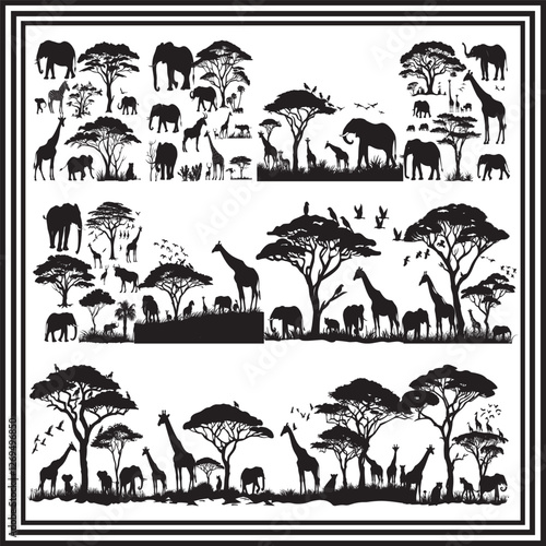 Silhouette Collection of African Animals and Trees