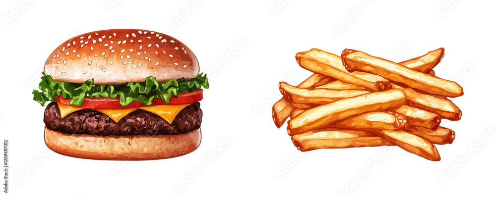 Delicious burger with crispy fries, perfect for satisfying meal Delicious burger with crispy fries, perfect for satisfying meal