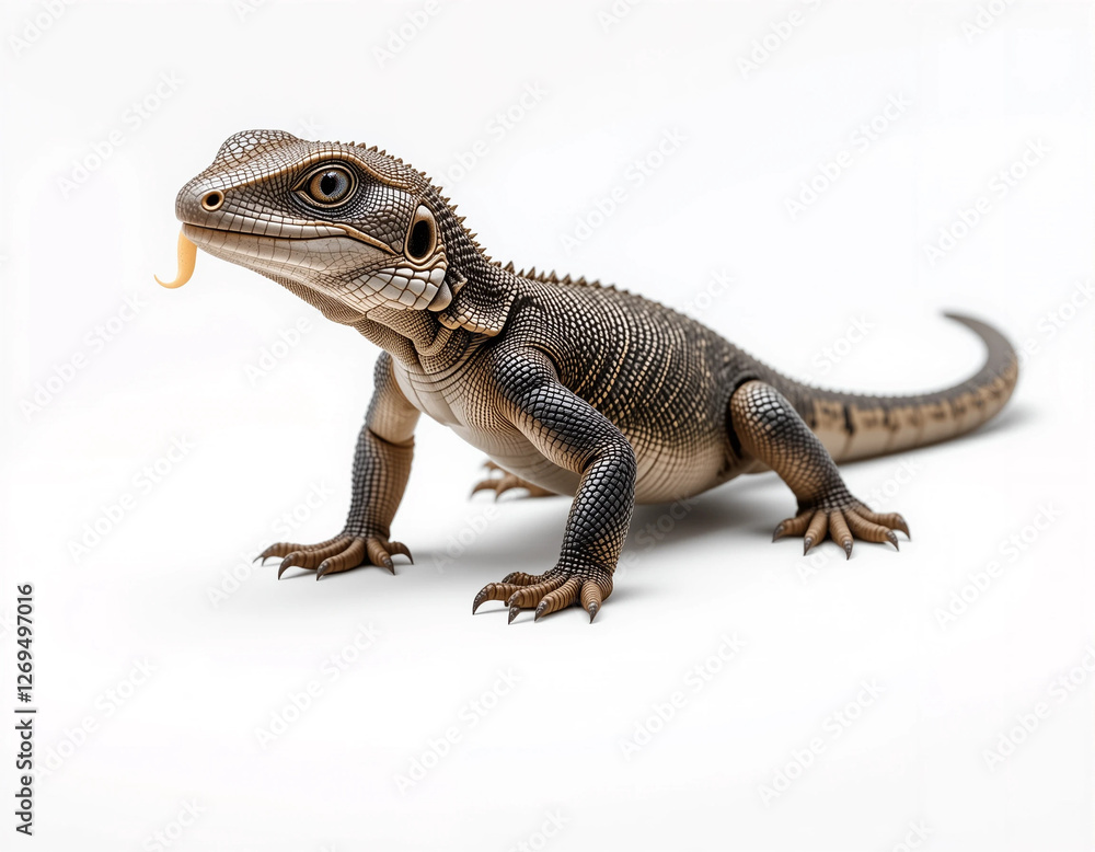 Fototapeta premium Baby Komodo Dragon Standing with a Long, Forked Tongue
