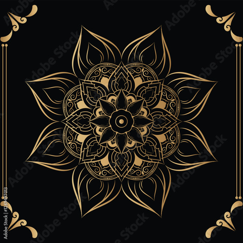 Luxury mandala design black background in gold color