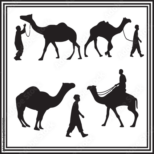 Silhouette illustration of camels and people in desert travel