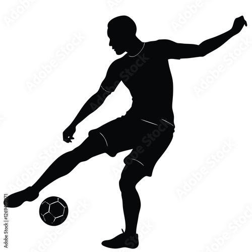 A black silhouette of a football striker preparing to take a powerful shot. 