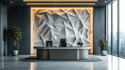 Sleek high-tech office with a geometric cyberpunk-style wall texture
