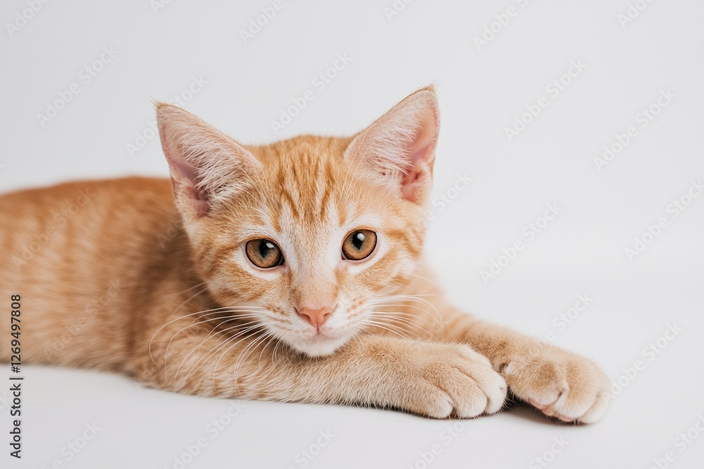 A playful orange kitten rests on a white background, featuring bright eyes and a soft fur coat that invites affection. A playful orange kitten rests on a white background, featuring bright eyes and a soft fur coat that invites affection.