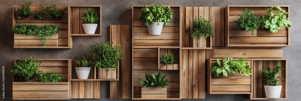 Wooden Wall Planters With Various Greenery Plants Wooden Wall Planters With Various Greenery Plants
