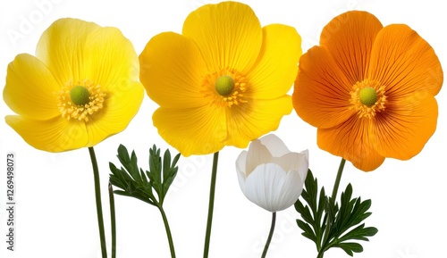 Close up view of three vibrant yellow and orange poppy flowers and a single white flower, displayed against a plain white background. The flowers are