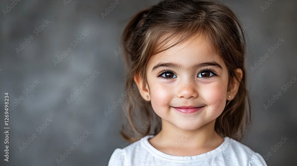 A cheerful young girl smiles brightly against a soft, muted background, showcasing her playful innocence and joy. A cheerful young girl smiles brightly against a soft, muted background, showcasing her playful innocence and joy.
