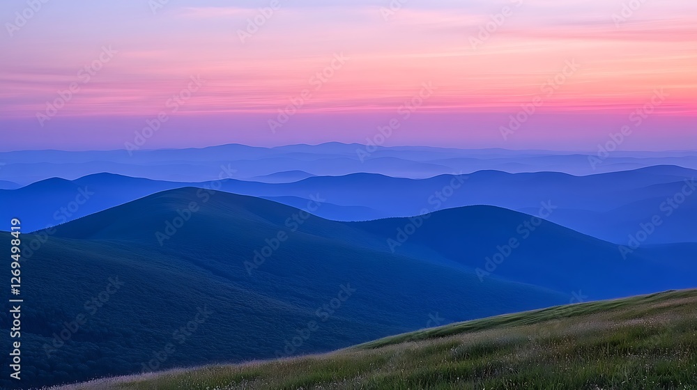 Serene Sunset Over Rolling Blue Mountains Serene Sunset Over Rolling Blue Mountains