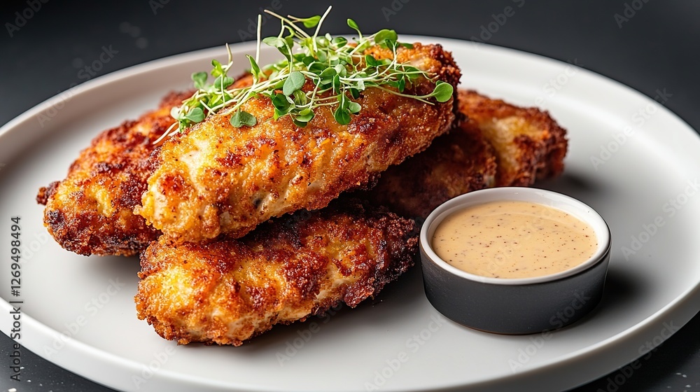 Elegant Chicken Cordon Bleu dish, garnished with microgreens, served with a small ramekin of creamy Dijon sauce on a modern white plate Elegant Chicken Cordon Bleu dish, garnished with microgreens, served with a small ramekin of creamy Dijon sauce on a modern white plate