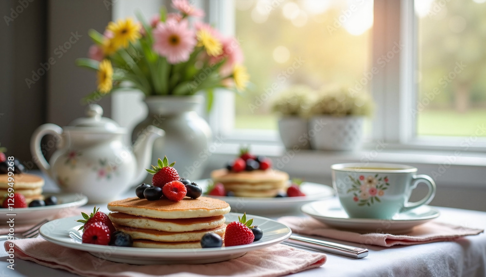Charming Morning Breakfast Scene with Pancakes and Fresh Berries in Natural Light Charming Morning Breakfast Scene with Pancakes and Fresh Berries in Natural Light