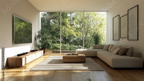 Japandi inspired interior design for a contemporary and peaceful modern living room. photo