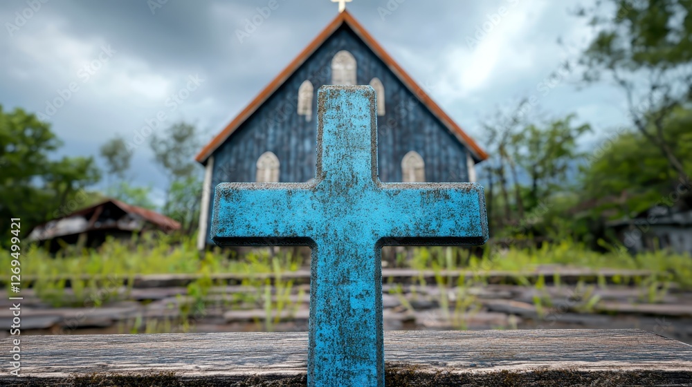 Weathered blue cross in focus before a blurred rustic church under a stormy sky. Overgrown vegetation surrounds the church, suggesting age and Weathered blue cross in focus before a blurred rustic church under a stormy sky. Overgrown vegetation surrounds the church, suggesting age and