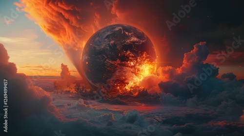 Fiery apocalypse; burning planet Earth.
