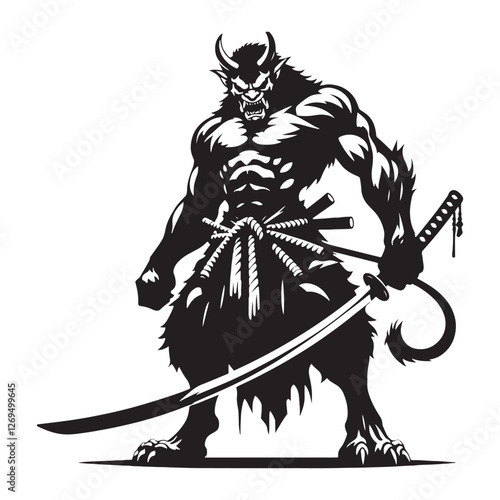 Savage Oni silhouette, the monstrous enforcer of terror - Oni illustration - Minimalist Oni vector - Mythical creature silhouette
