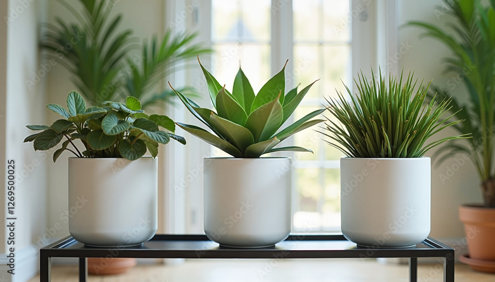 Modern Minimalist Indoor Plant Display with Three Different Species on Metal Shelf Modern Minimalist Indoor Plant Display with Three Different Species on Metal Shelf