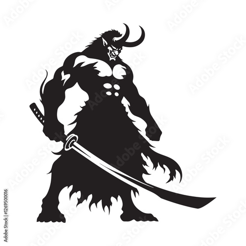 Menacing Oni silhouette, a legendary beast of nightmares - Oni illustration - Minimalist Oni vector - Mythical creature silhouette
