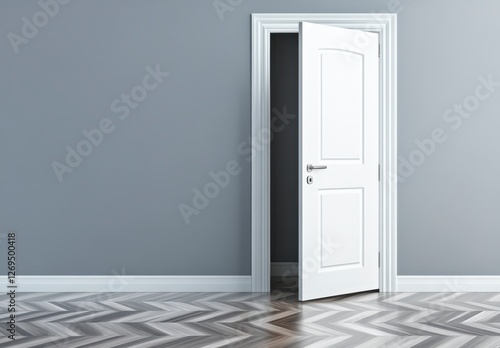 A slightly ajar white door against a gray wall, hardwood floor with herringbone pattern. The image evokes a sense of mystery and anticipation