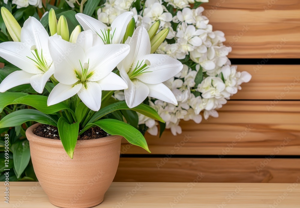 Close up view of white flowers and flowers in a terracotta pot against a light brown wooden background. Soft lighting illuminates the blossoms Close up view of white flowers and flowers in a terracotta pot against a light brown wooden background. Soft lighting illuminates the blossoms