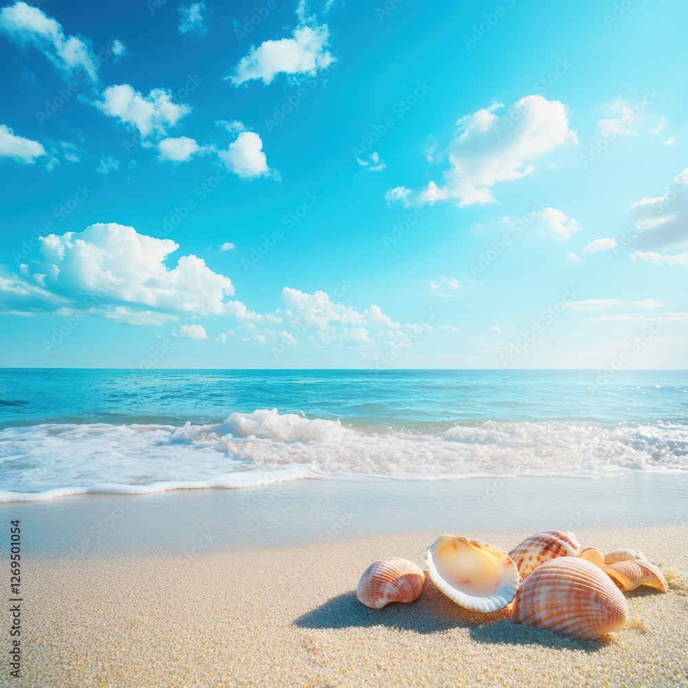 Seashells on sunny beach, ocean waves. Seashells on sunny beach, ocean waves.