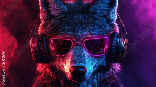 Wallpaper Mural Wolf DJ headphones neon background music Torontodigital.ca