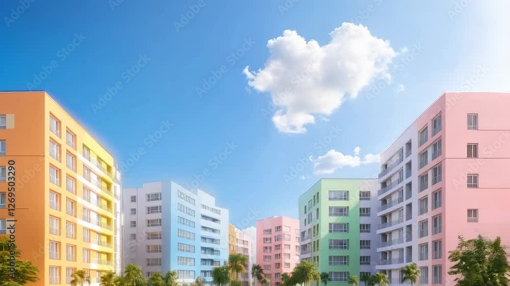 Colorful new residential buildings are showcased under a sunny sky with fluffy clouds. The lively atmosphere highlights modern architecture and inviting community spaces for residents Colorful new residential buildings are showcased under a sunny sky with fluffy clouds. The lively atmosphere highlights modern architecture and inviting community spaces for residents