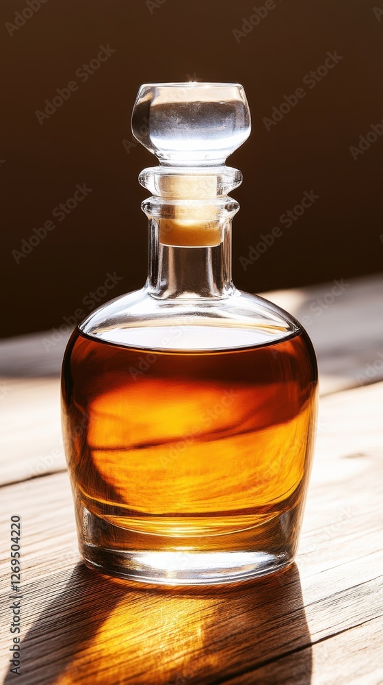 Elegant Round Amber Glass Brandy Bottle on Wooden Surface Elegant Round Amber Glass Brandy Bottle on Wooden Surface