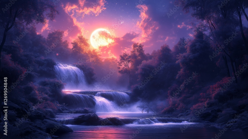 Fototapeta premium A magical scene of a waterfall surrounded by vibrant flowers and lush greenery in a serene forest setting.