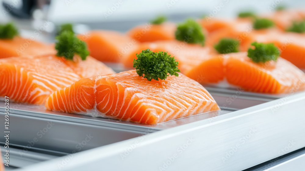 Salmon factory, A robotic arm processing salmon fillets in a high-fidelity image. Salmon factory, A robotic arm processing salmon fillets in a high-fidelity image.