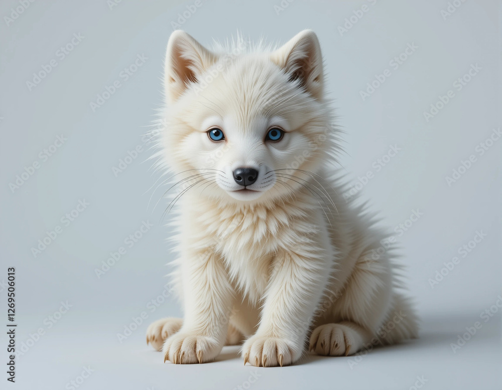 Obraz premium Baby Arctic Wolf Sitting with Fluffy White Fur and Piercing Eyes 