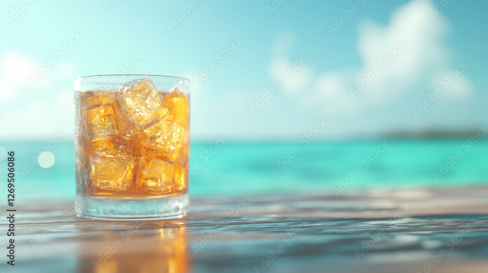 A refreshing glass of iced drink sits on a sandy beach, with clear turquoise waters and a bright sky creating a serene tropical atmosphere. A refreshing glass of iced drink sits on a sandy beach, with clear turquoise waters and a bright sky creating a serene tropical atmosphere.