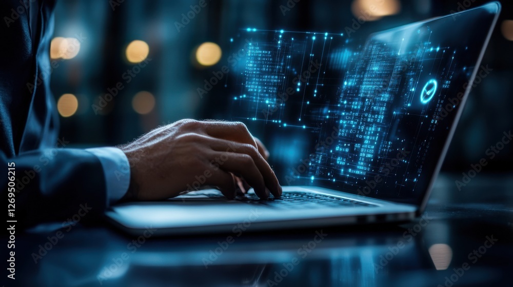 Futuristic hands on laptop keyboard at night. Futuristic hands on laptop keyboard at night.