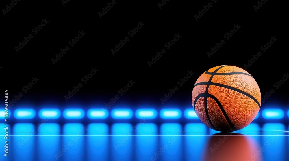 A vibrant basketball rolling on a reflective surface with blue lighting effects. A vibrant basketball rolling on a reflective surface with blue lighting effects.