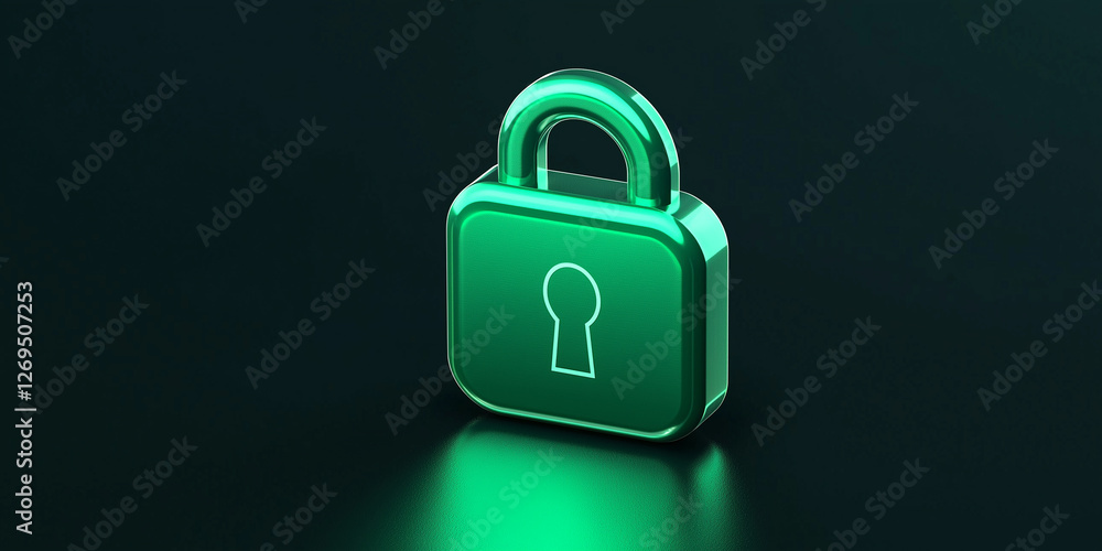 Glossy Green Lock with Keyhole Illuminated on Dark Background Symbolizing Security and Digital Protection in Modern Technology Environment