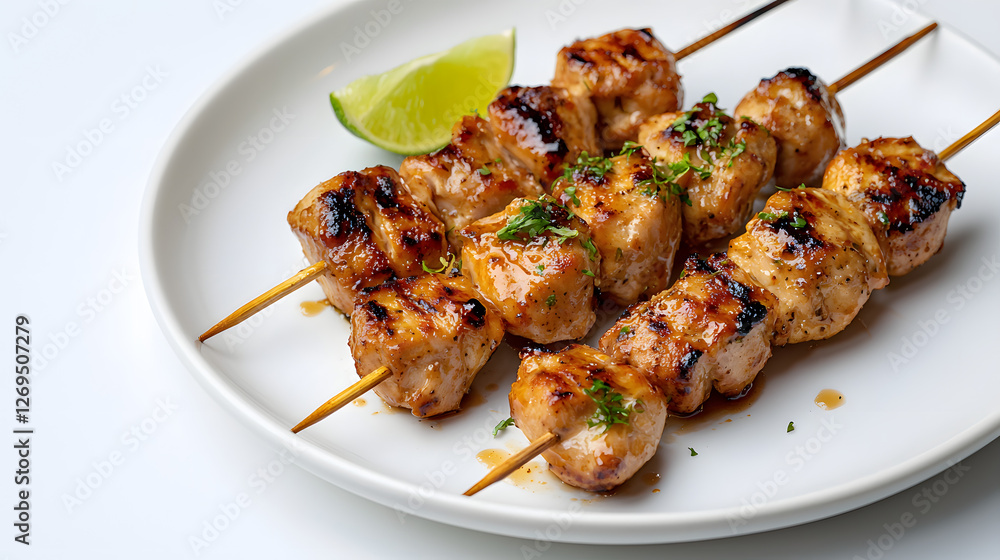 Mouthwatering Close-up of Grilled Chicken Skewers with Lime Wedge on White Plate Mouthwatering Close-up of Grilled Chicken Skewers with Lime Wedge on White Plate