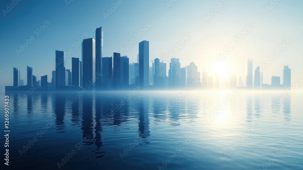 Fototapeta premium Stunning skyline at dawn over calm water