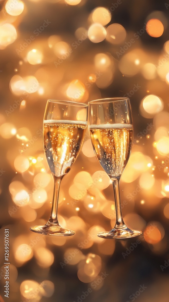 Two champagne glasses sparkling in golden light. Two champagne glasses sparkling in golden light.