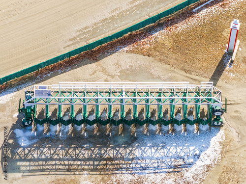 Horse racing starting gates from an aerial view